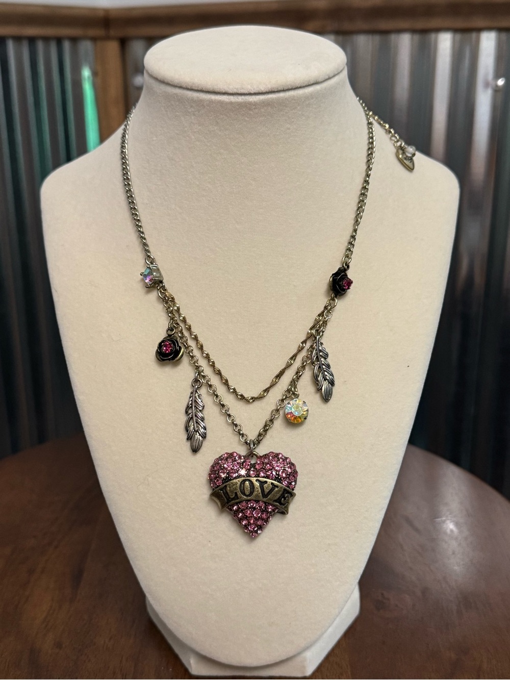 Betsey Johnson Pink Crystal Lady Luck 'LOVE' Heart Layered Necklace